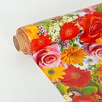 Клеенка столовая на ткани, ширина 125 см, толщина 1 мм "Розы-ромашки", рулон 25 м