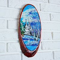 Картина "Зима" на срезе дерева 35 х 16 х 2 см, каменная крошка