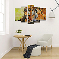 Модульная картина на подрамнике "Таинственность тигра", 2 — 25×52, 2 — 25×66, 1 — 25×8, 80×140 см