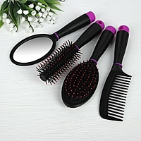 Набор 4 предмета: расчёска с ручкой, массажная, брашинг, зеркало