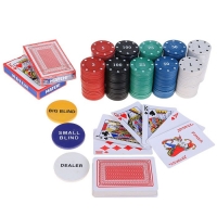 Набор для покера Texas Hold'em: 2 колоды 54 шт., 200 фишек с номиналом, сукно, металлическая коробка