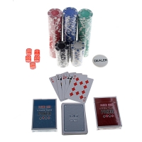 Набор для покера Poker playing cards: 2 колоды 54 шт., 200 фишек 11 г, 5 кубиков, в металлическом кейсе