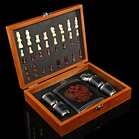 Набор 7в1: фляжка 8oz с Гербом, 4рюмки, воронка, шахматы (пешка1.6, король4.6), 18х24см