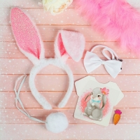 Аксессуары карнавальные для девочки "Зайка", набор: ободок-ушки, термонаклейка, хвостик, бабочка, брошь