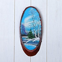 Картина "Зима" на срезе дерева, каменная крошка