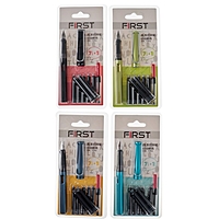 Ручка перьевая+7 картриджа черных +поршень в блистере микс