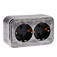 Розетка "Элект" RA 16-238-ЧС, двухместная, наружная, с з/к, 16 А, цвет черный под серебро