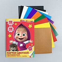 Картон цветной мелованный А4, 10 листов, 10 цветов + золото и серебро, Маша и Медведь