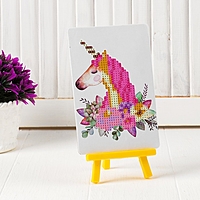 Алмазная вышивка с частичным заполнением "Единорог с цветами" с подставкой, размер картины: 21 × 25 см