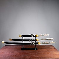 Сувенирное оружие «Катаны на подставке», чёрные ножны, голова дракона на рукоятке