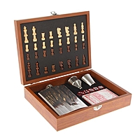 Набор 6в1 (фляжка 8oz+рюмка+воронка+карты+кубики+шахматы), деревянная коробка, 18*24см