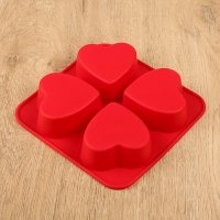 Форма для выпечки, 4 ячейки, 16х16х3 см "Сердца", цвета МИКС