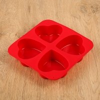Форма для выпечки, 4 ячейки, 16х16х3 см "Сердца", цвета МИКС