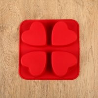 Форма для выпечки, 4 ячейки, 16х16х3 см "Сердца", цвета МИКС