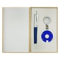 Набор: ручка и брелок-фонарик круглый (синий) в деревянной коробке