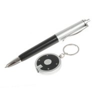 Набор: ручка и брелок-фонарик круглый (черный) в деревянной коробке