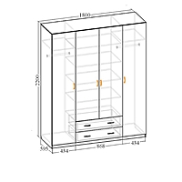 Шкаф 4-х дверный «Венеция 11» с 2-мя ящиками, 1800 × 595 × 2200 мм, цвет венге / клён