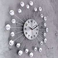 Часы настенные интерьерные "Лучики", d=34 см, кристаллы серебристые