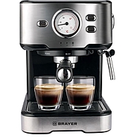Кофеварка BRAYER BR1101, рожковая, 1500 Вт, 1.5 л, капучинатор, серебристая