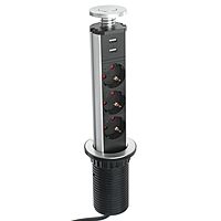 Розетка выдвижная Luazon, 16 А, трёхместная, в стол, 2xUSB, 2.1 A, серебряная
