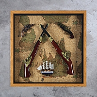 Сувенирное изделие в раме, четыре мушкета и корабль на карте мира