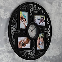 Часы настенные+4 фоторамки, серия: Фото, "Эвина", 1АА, плавный ход, d-15см, d- 47 см, чёрные