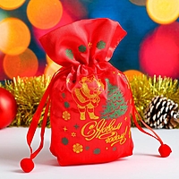 Мешок новогодний "Дед Мороз", с застяжкой, атлас, красный с золотой надписью 17х24 см