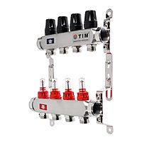 Коллекторная группа TIM KDS5004, 1" х 3/4", 4 выхода, расходомеры, без кранов, нерж. сталь