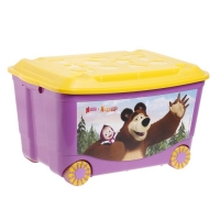 Ящик для игрушек с аппликацией "Маша и Медведь" на колёсиках, с крышкой, 50 л, цвет сиреневый, МИКС
