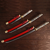Сувенирное оружие «Катаны на подставке», красные ножны, голова дракона на рукоятке