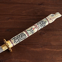 Сувенирное оружие «Катаны на подставке», красные ножны, голова дракона на рукоятке