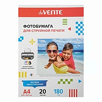 Фотобумага A4 для струйных принтеров deVENTE 180 г (20 листов), матовая, односторонняя, в пластиковом пакете с европодвесом