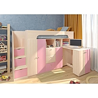 Детская кровать-чердак «Астра 11», цвет дуб молочный / розовый