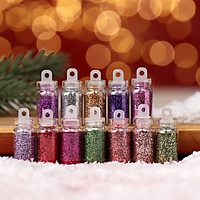 Блёстки для ногтей набор 12 м/бут мелк Красные/розовые/лиловые оттенки пакет QF