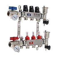 Коллекторная группа TIM KAS5003, 1" х 3/4", 3 выхода, с расходомерами, нержавеющая сталь