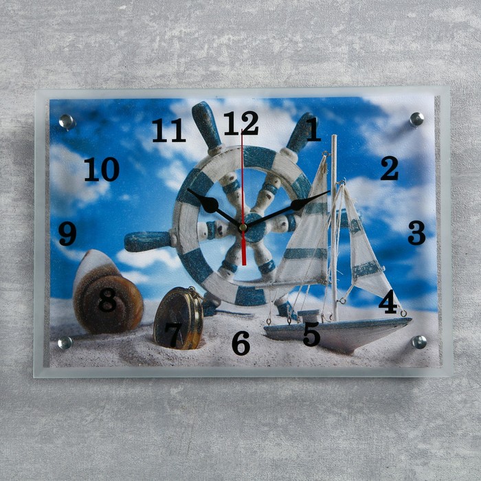 Часы настенные прямоугольные "Штурвал и яхта на песке", 25х35 см микс
