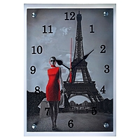 Часы настенные прямоугольные "Девушка в красном платье в париже",  микс 25х35 см