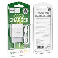 Сетевое зарядное устройство Hoco C72Q, 18 Вт, USB QC3.0 - 3 А, кабель Type-C 1 м, белый