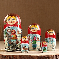 Матрёшка «Парочка», красный  платок,5 кукольная,  люкс