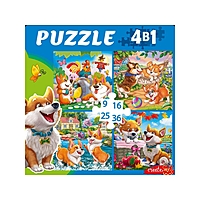Пазл 4 в 1 Забавные корги №4 9-16-25-36 элементов