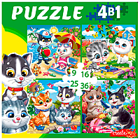 Пазл 4 в 1 Забавные котики №6  9-16-25-36 элементов