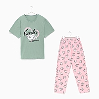 Комплект женский домашний (футболка/брюки) "Koala", цвет зелёный/розовый, размер 60