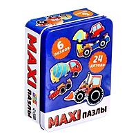 Макси-пазлы в металлической коробке "Машинки-помощники", 6 пазлов, 24 детали