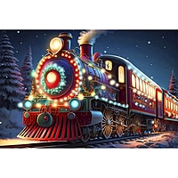 Алмазная вышивка на раме с частичным заполнением "Новогодний экспресс" 20*30, с гирляндой
