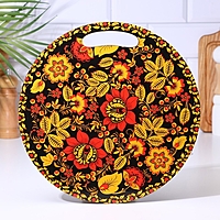 Доска разделочная и сервировочная круглая кухонная "Хохломская роспись", 26,5 см