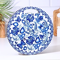Доска разделочная и сервировочная круглая кухонная "Гжельская роспись", 26,5 см