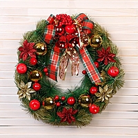 Венок новогодний d- 37 см "Уютная сказка" бант в клетку с колокольчиками