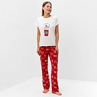 Комплект домашний женский "Котенок в стакане" (футболка/брюки), цвет белый/красный, размер 46