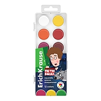 Краски акварельные 12 цветов ErichKrause "Приключения Пети и Волка", без кисти, в пластиковой коробке с европодвесом