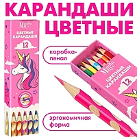 Карандаши цветные в пенале 12 цветов  "Единорог", Минни Маус, трёхгранный корпус